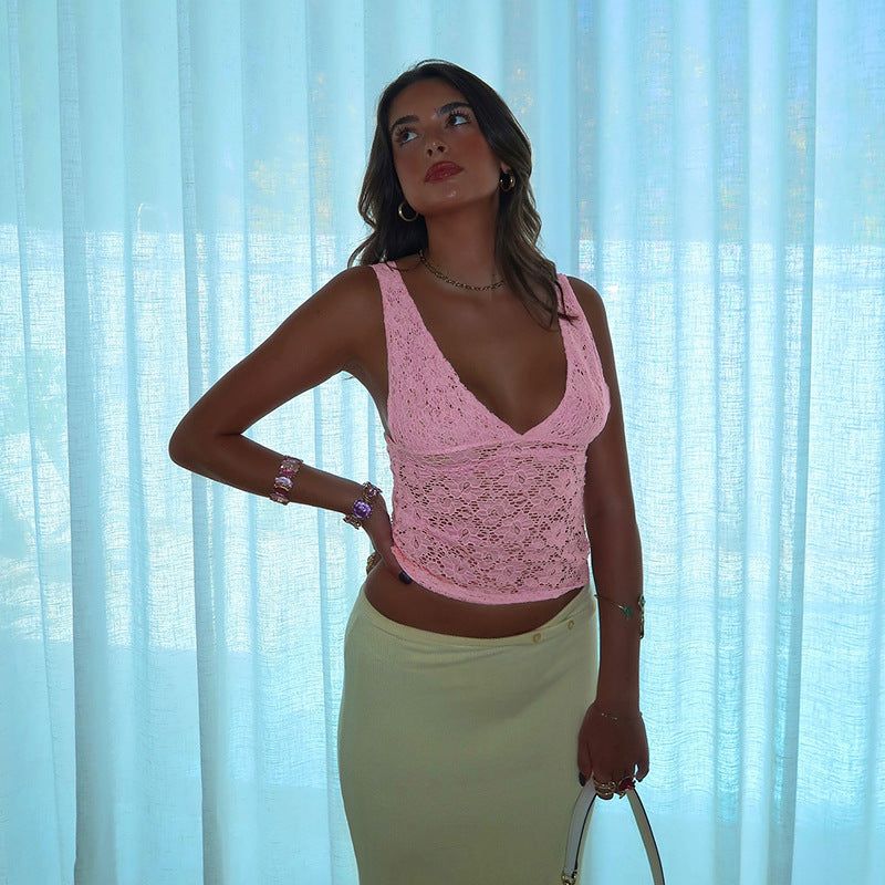Damen Spitzen-Crop-Top mit tiefem V-Ausschnitt und Rüschendesign Echo Archiv