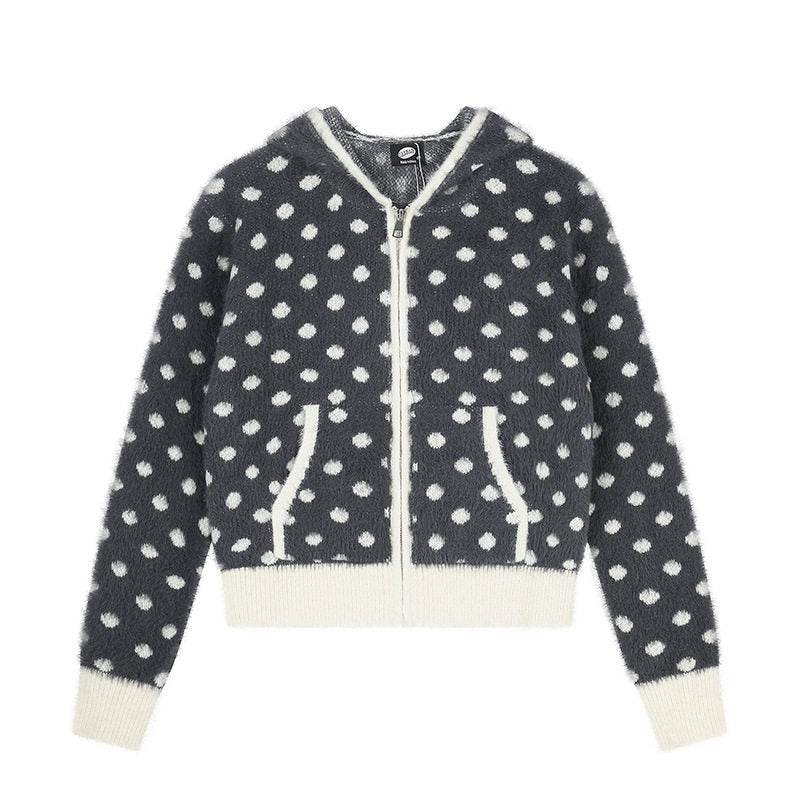 Damen Flauschige Kapuzen‑Zipjacke mit Polka‑Dot‑Jacquard und Eingrifftaschen Echoarchiv