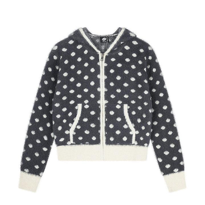 Damen Flauschige Kapuzen‑Zipjacke mit Polka‑Dot‑Jacquard und Eingrifftaschen Echoarchiv