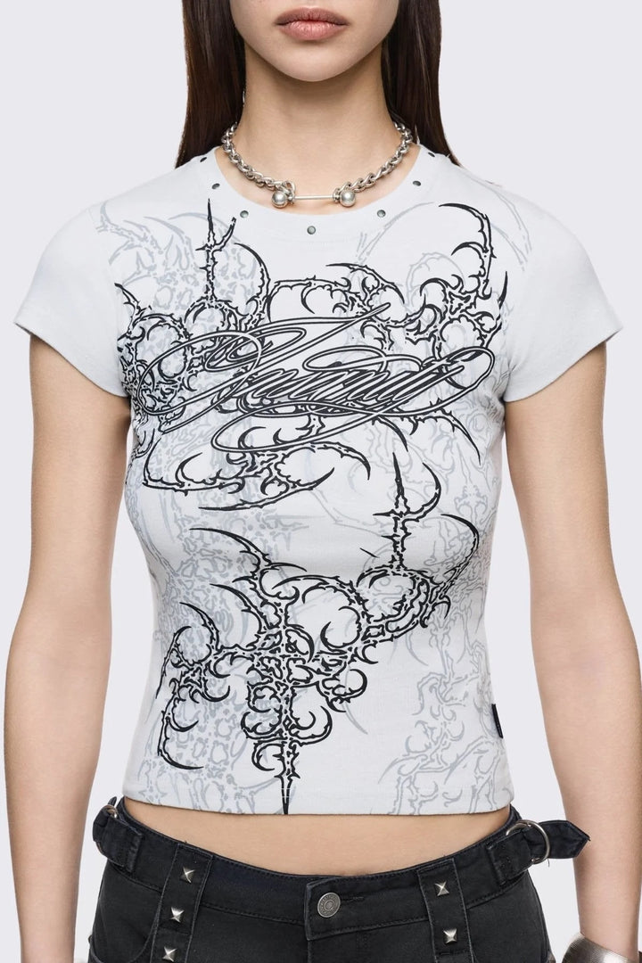 Damen Figurbetontes Kurzarm-T-Shirt mit Grafischem Design Echo Archiv