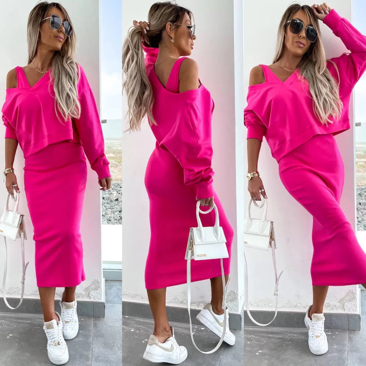 Damen weiches geripptes Lounge-Set mit Oversize-Viskoseshirt und High-Waist Schlaghose – Élanora