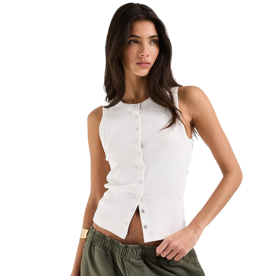 Damen Ärmelloses Rippenshirt mit durchgehender Knopfleiste Echo Archiv