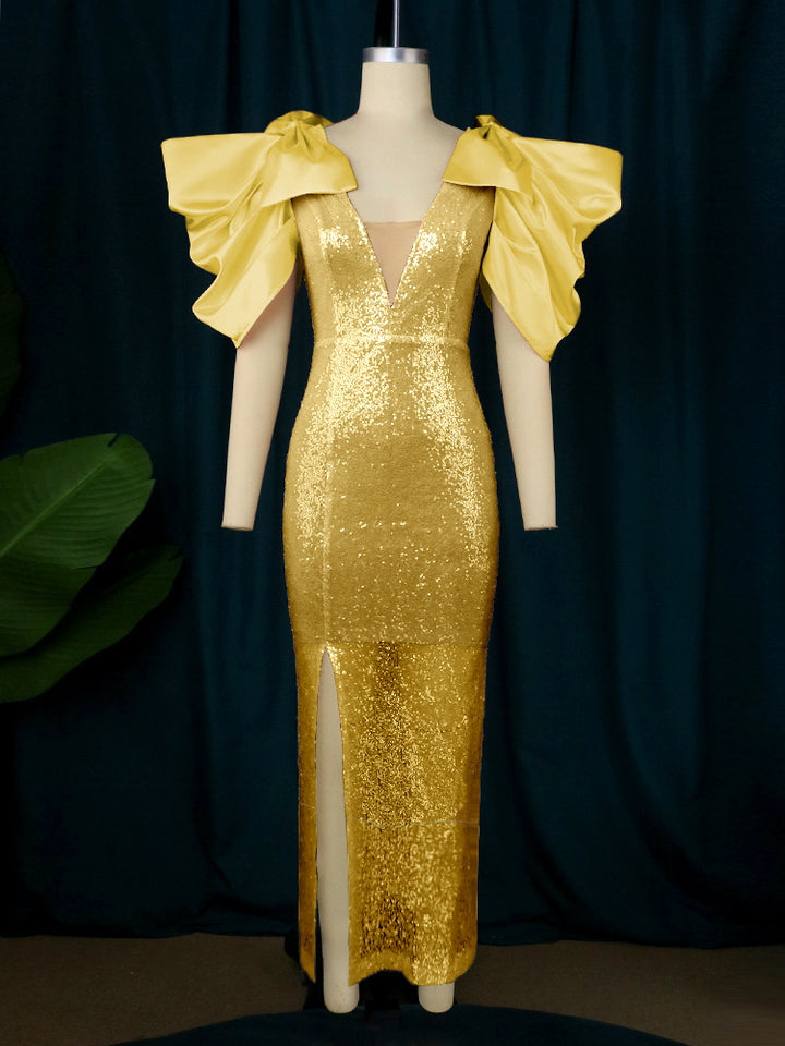 Damen Figurbetontes Glamour-Kleid mit schimmerndem Stoff und voluminösen Ärmeln Echo Archiv