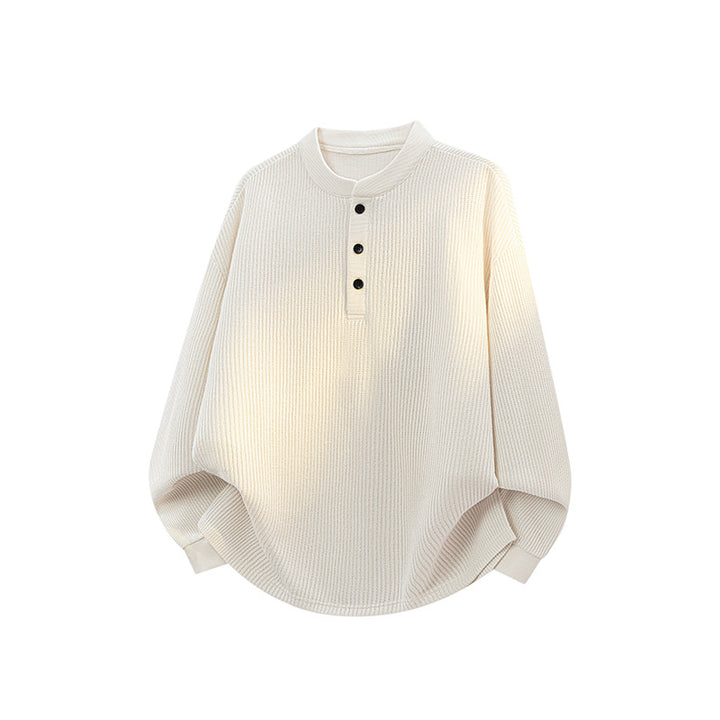 Unisex Weitgeschnittener Waffelstrick-Henleypullover mit Stehkragen Echoarchiv