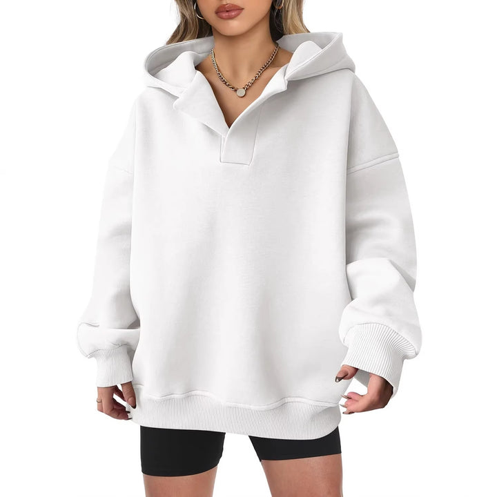 Damen Oversize-Kapuzenpullover aus schwerem Sweatstoff mit V‑Ausschnitt‑Detail und langen Rippbündchen – Auréline
