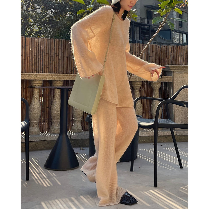 Damen Mohair-Optik Lounge-Set mit Oversize-Rundhalspullover und gerader Strickhose Echoarchiv