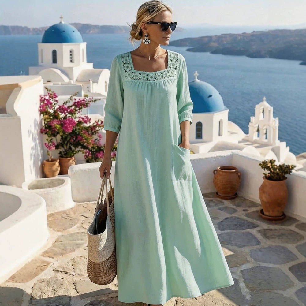 Damen Maxikleid mit elegantem Rundhalsausschnitt und praktischen Taschen Echo Archiv