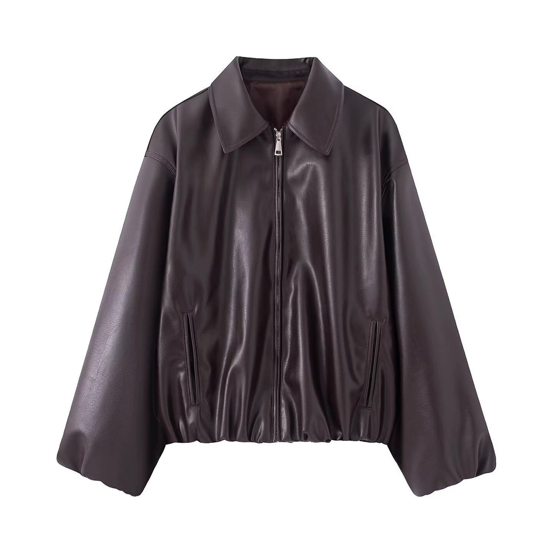 Damen Oversize Kunstleder Blouson mit Reißverschluss und elastischem Saum Echo Archiv