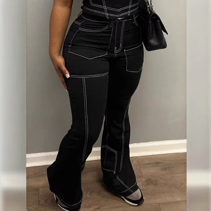 Damen High-Waist Flared-Jeans mit Kontrastnähten und Cargo‑Einsätzen Echo Archiv