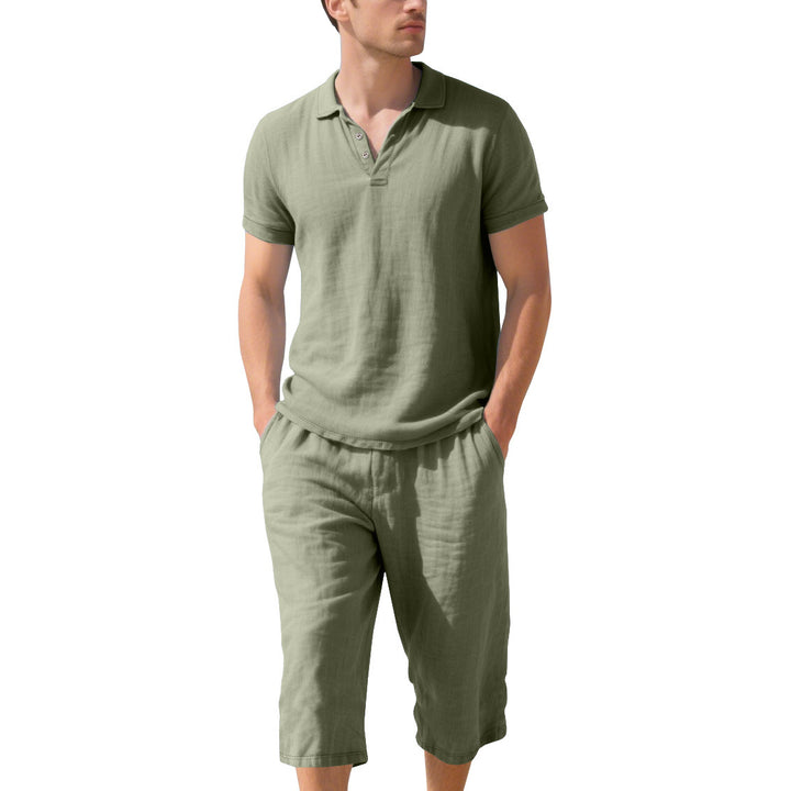 Herren lässiges Kurzarm-Polohemd mit elastischen Leinen-Shorts Echoarchiv
