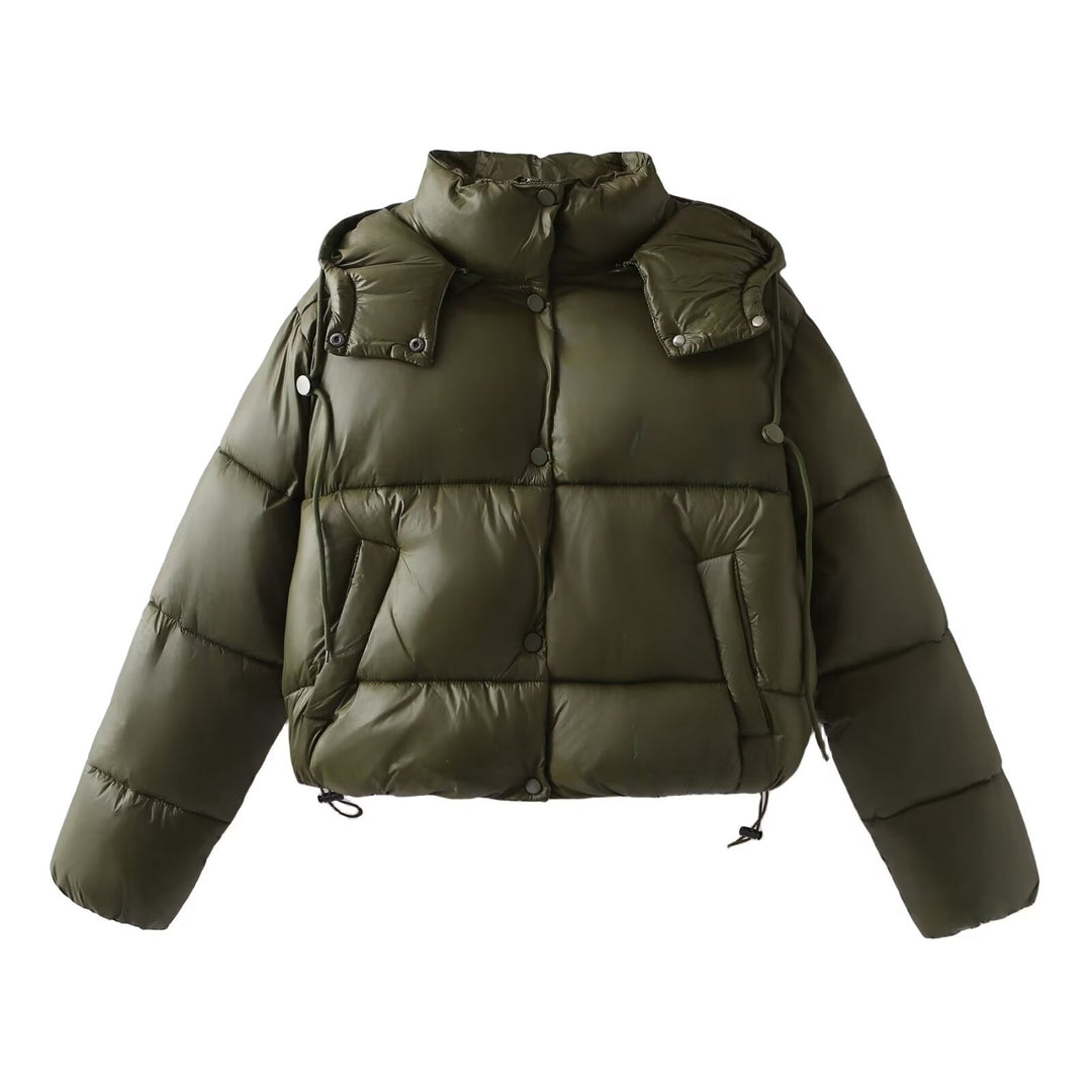 Damen Glänzende Cropped Pufferjacke mit Kordelzug und Druckknopfblende Echo Archiv
