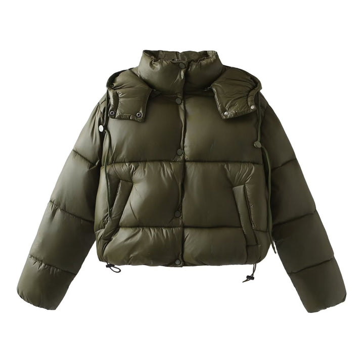 Damen Glänzende Cropped Pufferjacke mit Kordelzug und Druckknopfblende Echo Archiv