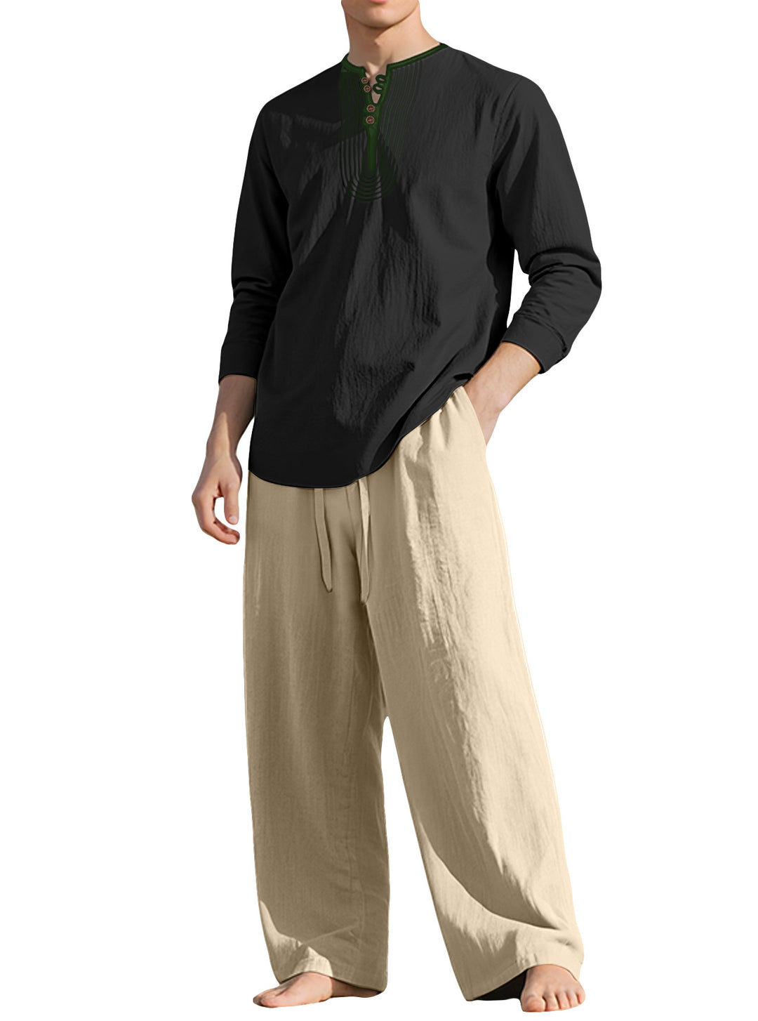 Herren nan Tunika- und Palazzohose-Set mit Henley-Blende, Zierstickerei und weitem Schnitt Echo Archiv