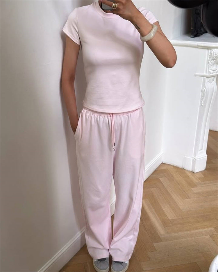 Damen figurnahes Kurzarm-Rippshirt und elastische High-Waist-Loungehose Set – Élanora