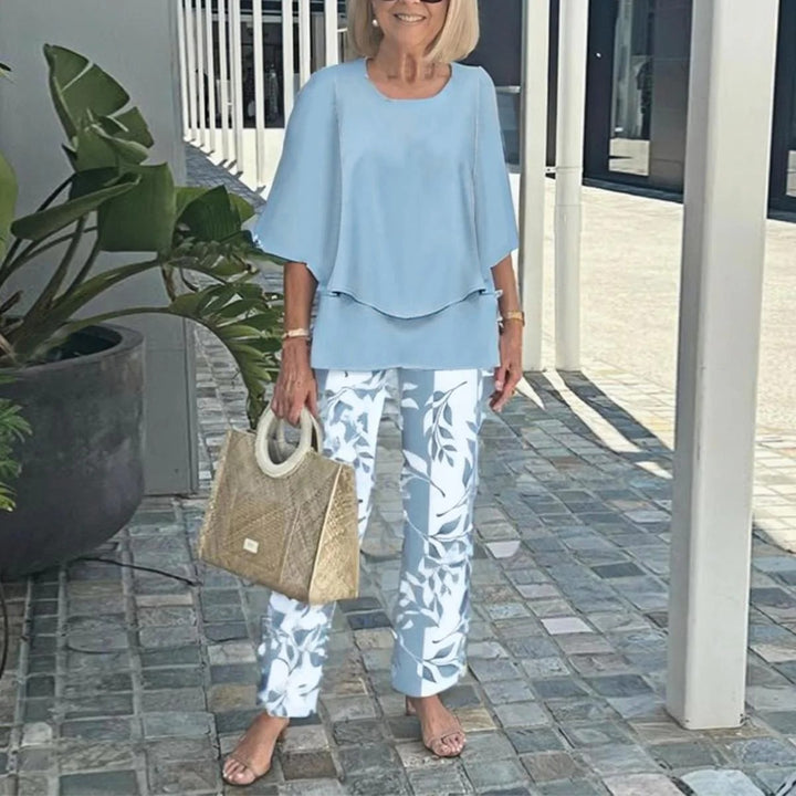 Damen nan Lagen-Tunika mit Cape-Ärmeln und knöchellanger Geradebeinhose mit Grafikprint Echo Archiv