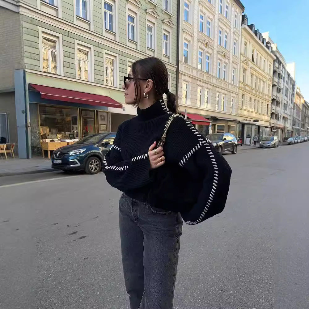Damen Oversize-Strickpullover mit Stehkragen, Ballonärmeln und Ziernaht Echo Archiv