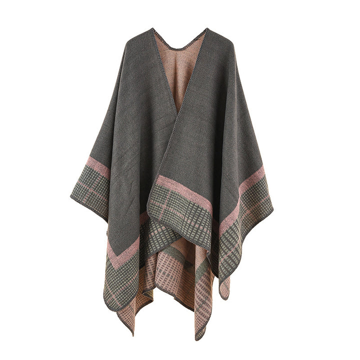 Damen Wollmix-Poncho im asymmetrischen Zipfelschnitt mit eingewebter Karobordüre – Avérine
