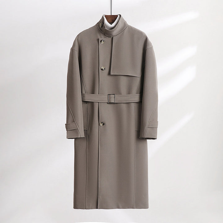 Herren Langgeschnittener Minimalistischer Trenchcoat mit Schalkragen und verstellbaren Ärmelriemen Echoarchiv