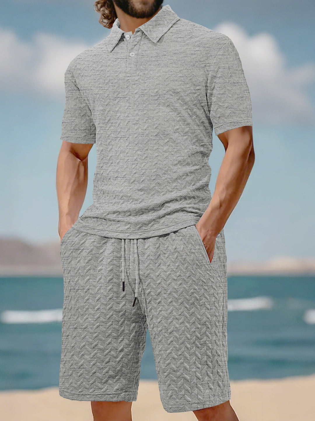 Herren nan geprägtes Strand-Ensemble mit offenem Kurzarm-Hemd und Kordel-Bermuda Echoarchiv