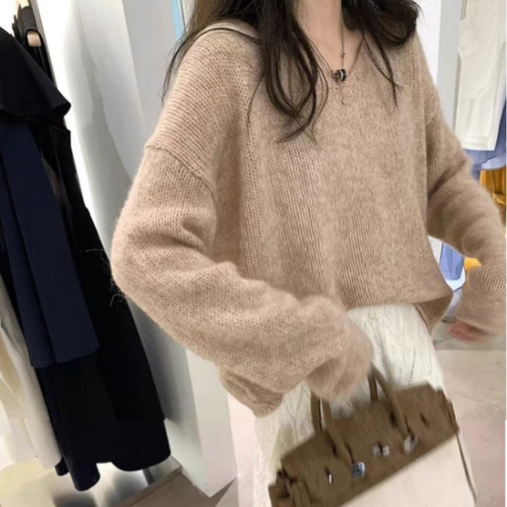 Damen Oversize V‑Ausschnitt Mohair‑Look Pullover mit Angora‑Optik und überschnittener Schulter Echoarchiv