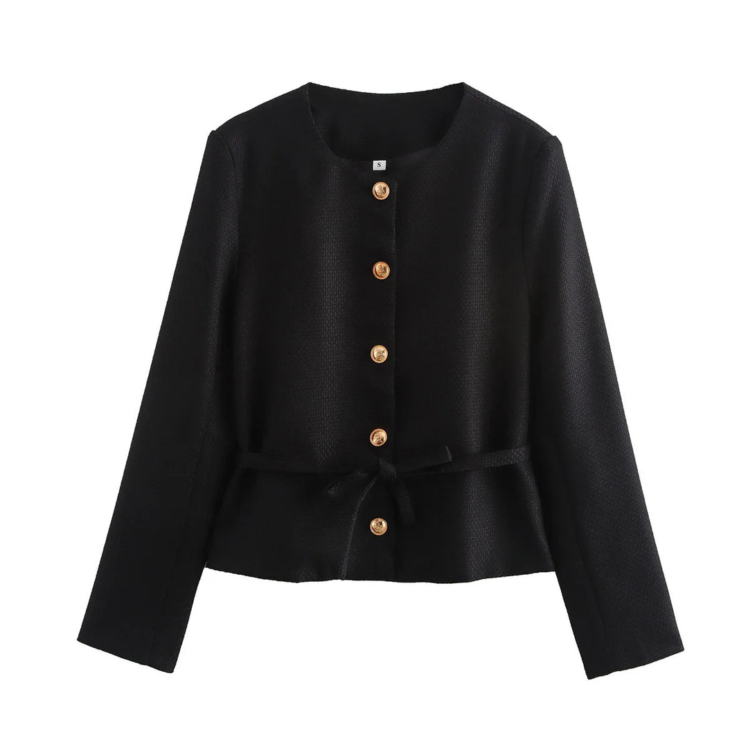Damen nan taillierte Knopfjacke mit Rundhalsausschnitt, taillenbindegürtel und feiner Webstruktur Echo Archiv