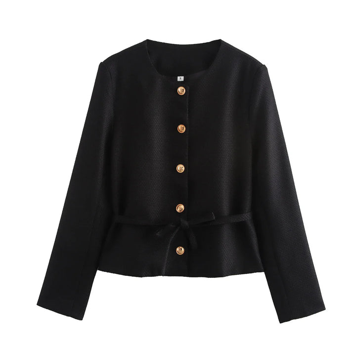 Damen nan taillierte Knopfjacke mit Rundhalsausschnitt, taillenbindegürtel und feiner Webstruktur Echo Archiv