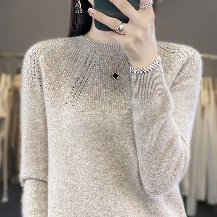 Damen Weicher Kaschmir‑Optik Feinstrickpullover mit Ajour‑Yoke und Paillettenbesatz Echoarchiv
