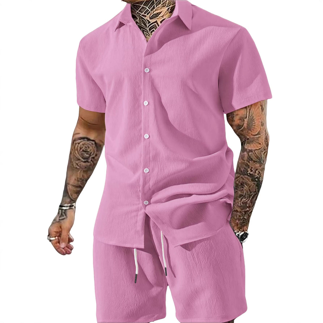 Herren nan Crinkle-Lounge-Set mit offenem Revershemd, integriertem Kurzarm-T-Shirt und Kordel-Bermuda Echo Archiv