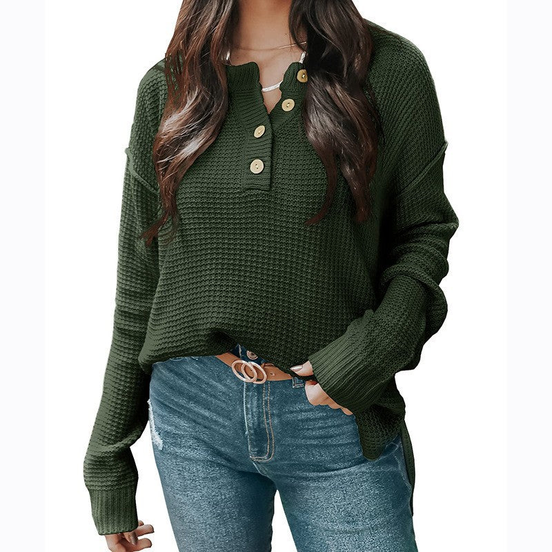 Damen nan lockerer Waffelstruktur Henley Pullover mit Knopfleiste und überschnittener Schulter Echo Archiv