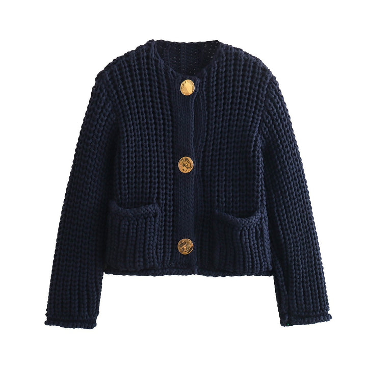 Damen Grobstrick-Cardigan mit V‑Ausschnitt, goldener Knopfleiste und aufgesetzten Taschen Echo Archiv