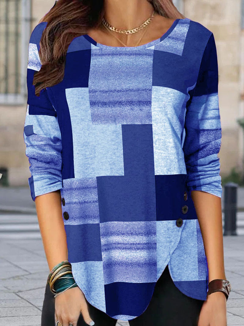 Damen gemustertes Langarm-Tunika-Shirt mit asymmetrischem Saum und dekorativer Knopfleiste Echoarchiv