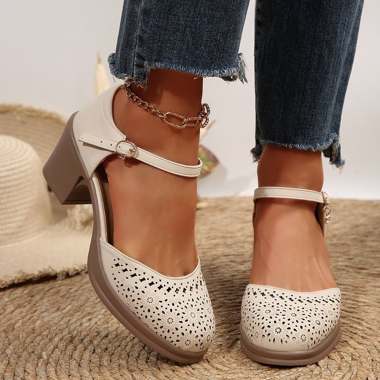 Damen Mary-Jane Pumps mit mittelhohem Blockabsatz, perforiertem Obermaterial und gepolstertem Komfortfußbett – Lioré