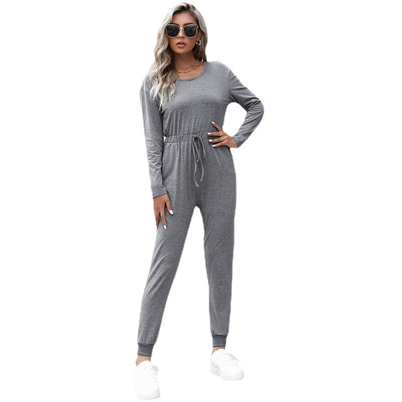 Damen Relaxter Sweat-Jumpsuit mit Tunnelzug, Langarm und Bündchen Echoarchiv