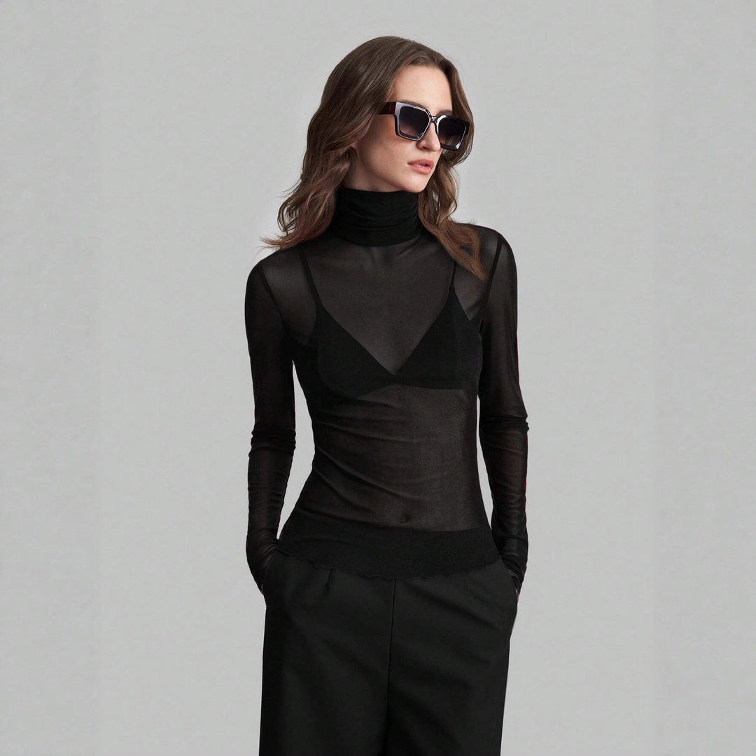 Damen nan feines transparentes Mesh-Langarmtop mit Rollkragen und figurbetonter Passform Echo Archiv