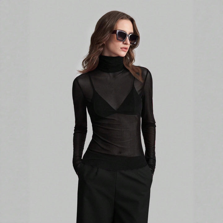 Damen nan feines transparentes Mesh-Langarmtop mit Rollkragen und figurbetonter Passform Echo Archiv