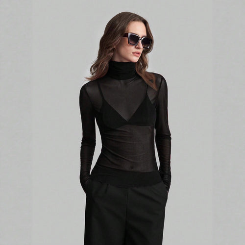 Damen nan feines transparentes Mesh-Langarmtop mit Rollkragen und figurbetonter Passform Echo Archiv