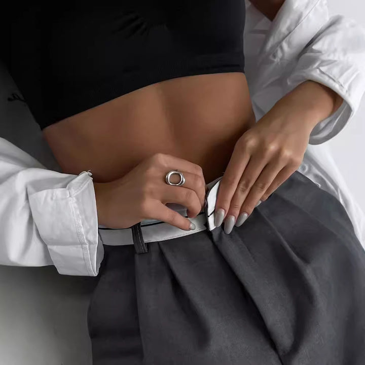 Damen Hochtaillierte weite Bundfaltenhose mit Kontrastbund Echoarchiv