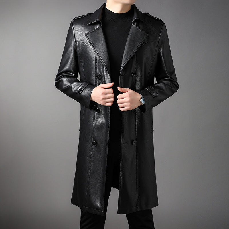 Herren Langer Ledertrenchcoat mit Taillengürtel und doppelreihiger Knopfleiste Echoarchiv