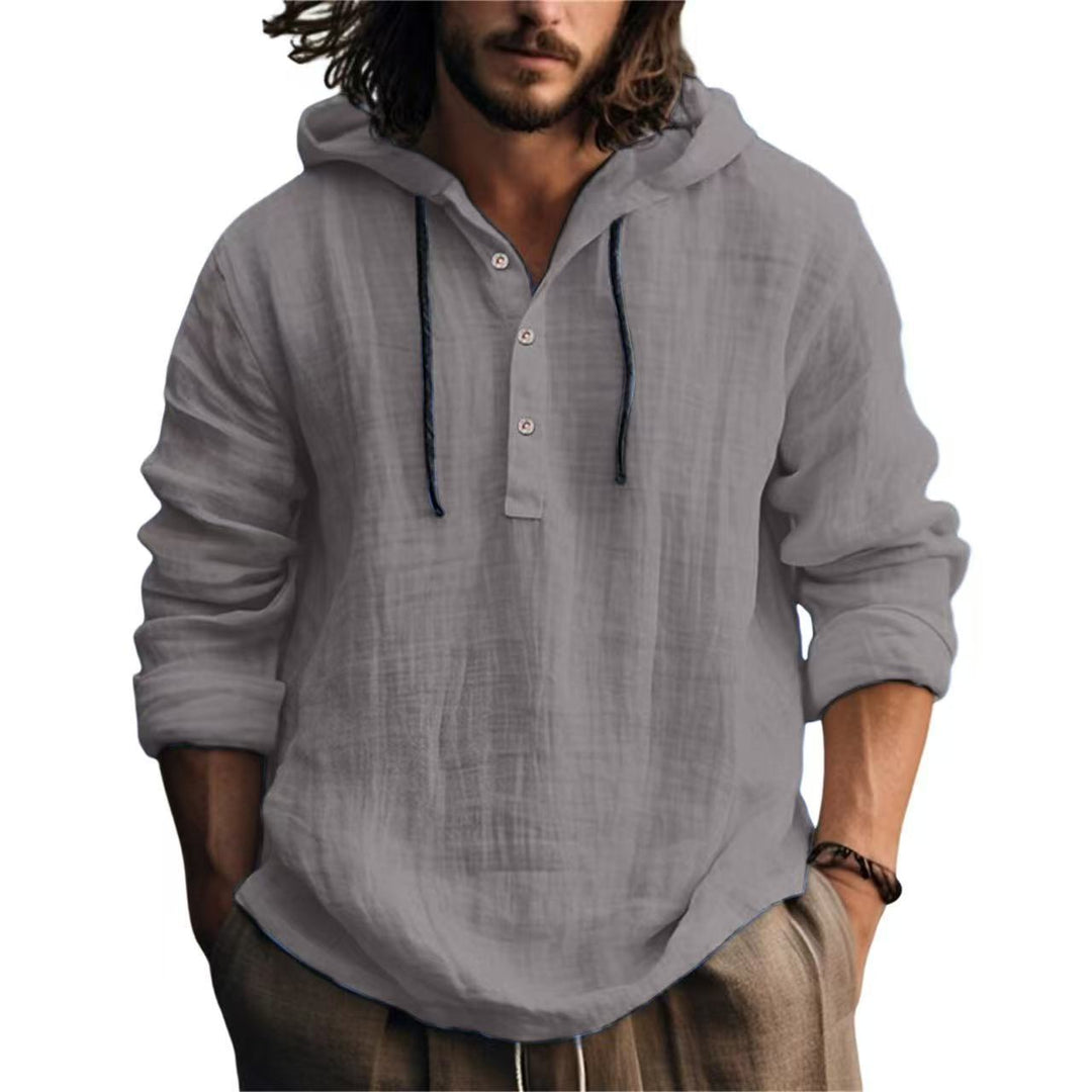 Herren Leichtes Kapuzenhemd im Leinenlook mit Henley-Knopfleiste – Arvello