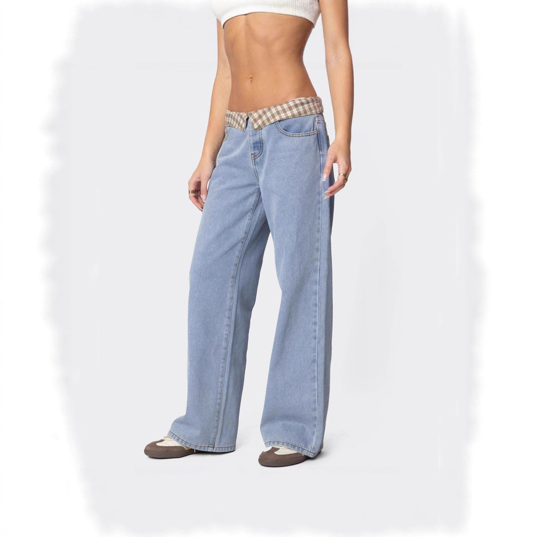 Damen nan weite Schlagjeans mit umgeschlagenem Karobund und klassischem Five-Pocket-Schnitt Echo Archiv