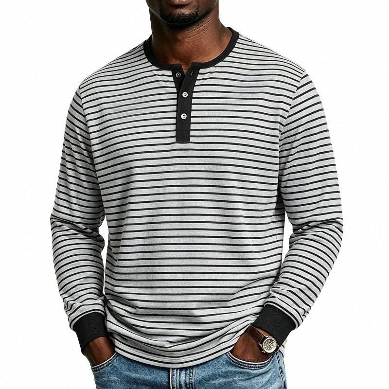 Herren Gestreiftes Langarm-Henleyshirt aus Baumwollmischung mit Knopfleiste Echoarchiv