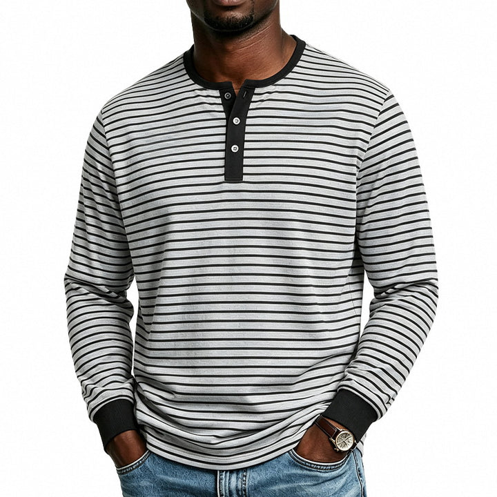 Herren Gestreiftes Langarm-Henleyshirt aus Baumwollmischung mit Knopfleiste Echoarchiv