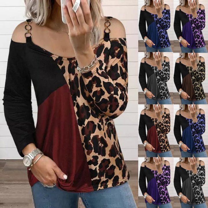 Frauen Off-Shoulder Patchwork Langarm mit Leopardenmuster und Ringdetail-TrägerEchoarchiv