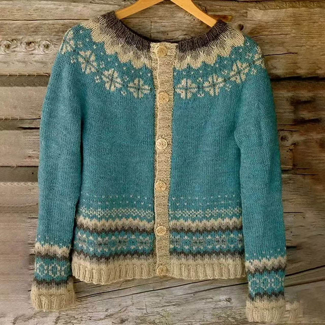 Damen nan gemusterte Strickjacke mit Rundpasse, Holzknöpfen und Eingrifftaschen Echo Archiv