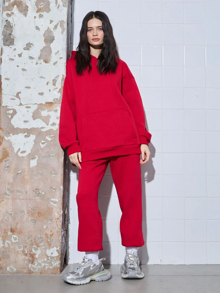 Damen lässiges Kapuzen-Sweatset aus schwerer Baumwollfleece mit Kängurutasche und gerader Jogginghose – Auréline
