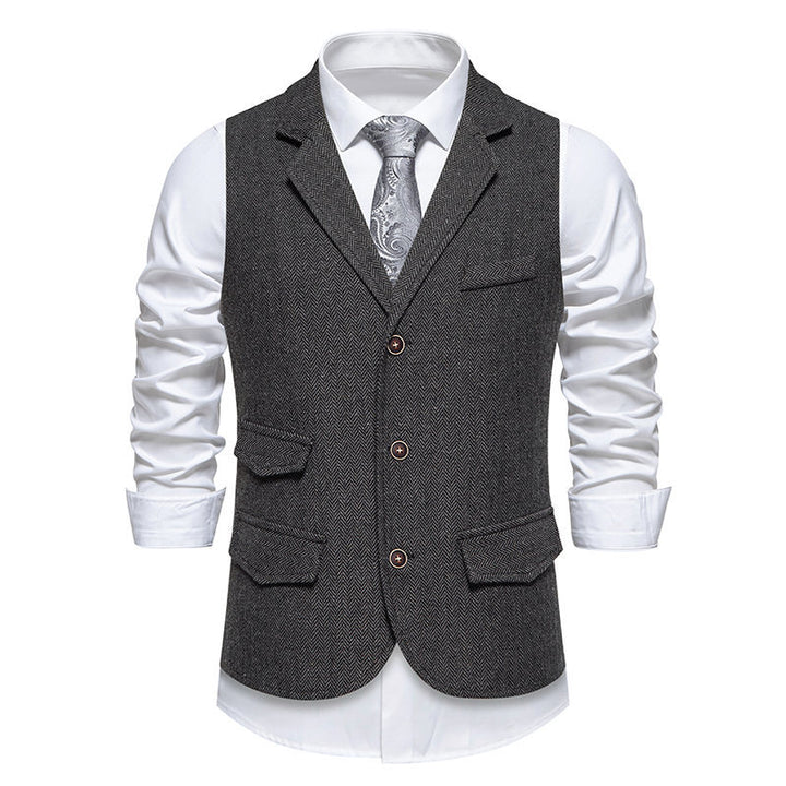 Herren Tweed-Weste mit Fischgrätstruktur, Reverskragen und Pattentaschen Echo Archiv