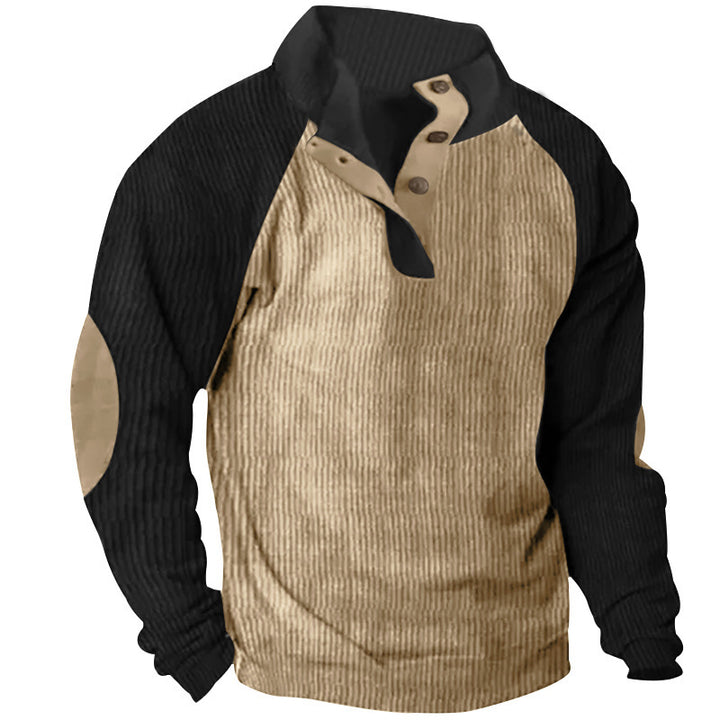 Herren Strukturiertes Raglan-Henley-Pullover mit Stehkragen, Ellenbogenpatches & Knopfleiste – Norvane