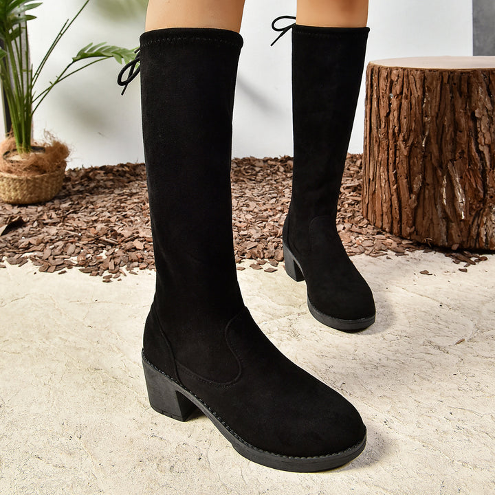 Damen Kniehohe Stiefel mit Blockabsatz, Velours‑Optik, elastischem Schaft und rückseitiger Zierschnürung Echo Archiv