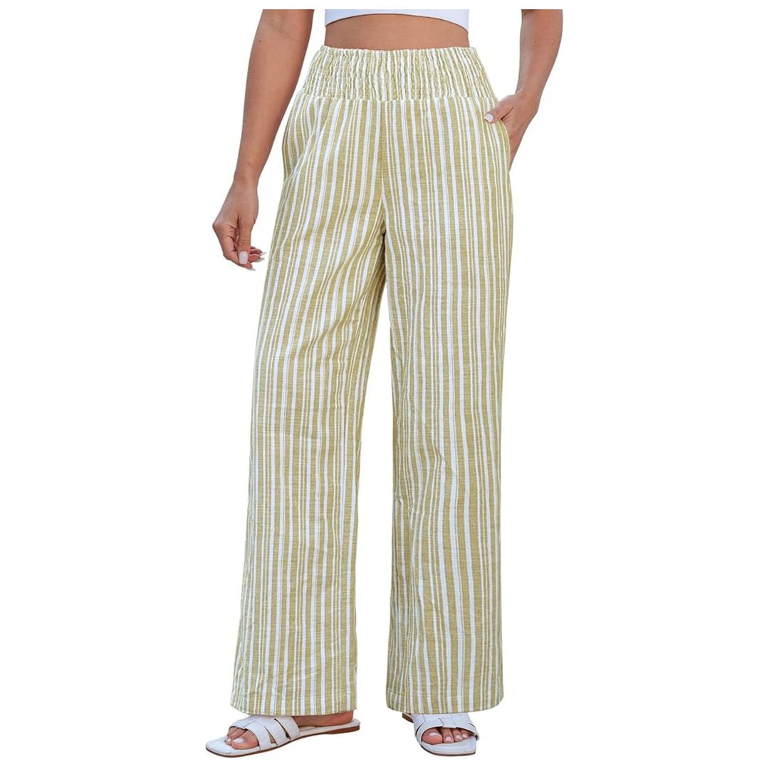 Damen Leichte Leinenhose mit weitem Bein, hoch geschnittener geraffter Gummibund und Seitentaschen Echo Archiv