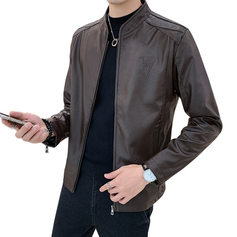 Herren Schlanker Kunstleder‑Moto‑Blouson mit Stehkragen und Reißverschlussärmeln Echoarchiv